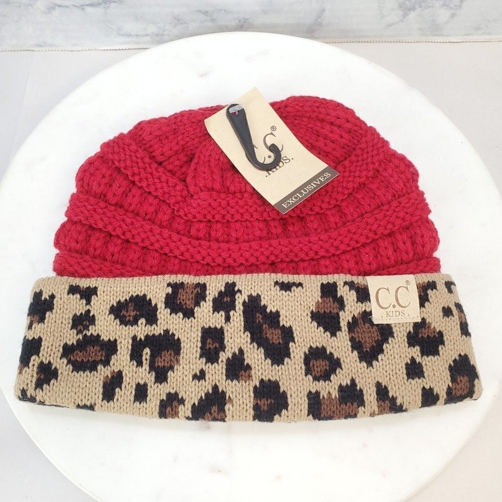C.C Kids Girl Beanie Leopard‎ Animal Red tan Cableknit hat soft cozy